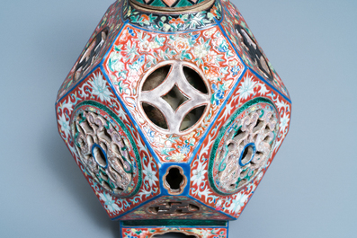 A rare Chinese reticulated famille rose revolving vase, 19/20th C.