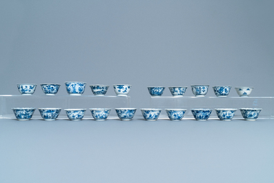 Twenty Chinese blue and white cups and twenty-four saucers, Kangxi