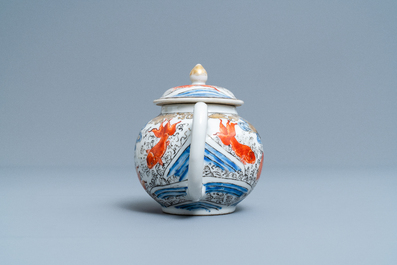 A Chinese 'crane and carps' teapot on stand, Yongzheng