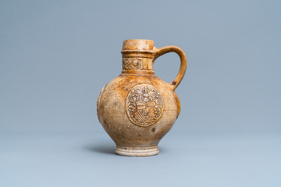 A stoneware jug with three armorial medallions, Raeren, ca. 1600