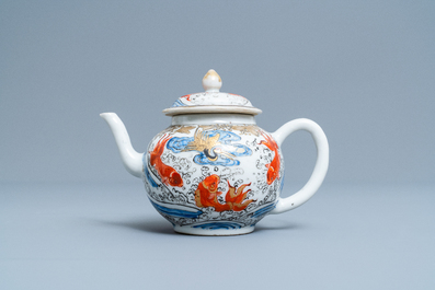 A Chinese 'crane and carps' teapot on stand, Yongzheng