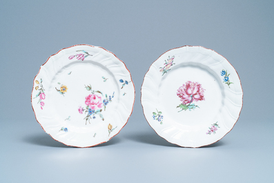 Four polychrome Tournai porcelain plates with flowers, 18th C.