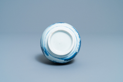 A Chinese blue and white double gourd vase with figures in a landscape, Transitional period