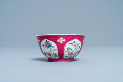 A Chinese famille rose ruby-ground cup and saucer, Yongzheng