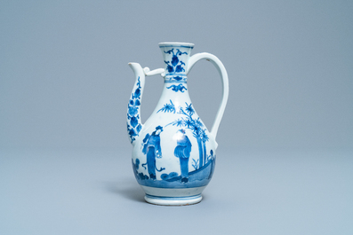 A Japanese blue and white Arita ewer, two dishes and an oval tray, Edo, 17/18th C.