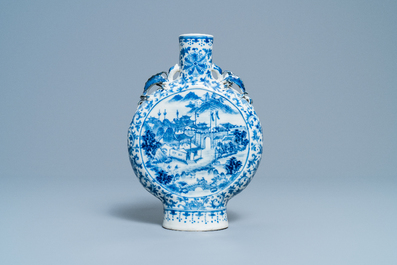 A Chinese blue and white moon flask vase with topographic medallions, 19th C.