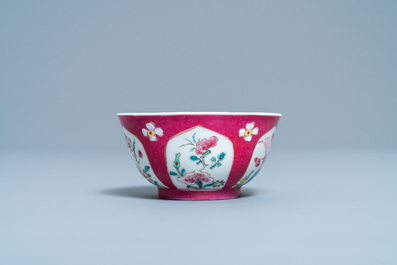 A Chinese famille rose ruby-ground cup and saucer, Yongzheng