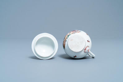 A polychrome Tournai porcelain plate and a cream bowl and cover with birds, 18th C.