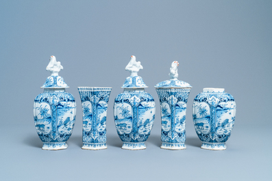 A Dutch Delft blue and white five-piece garniture with chinoiserie design with deer, 18th C.