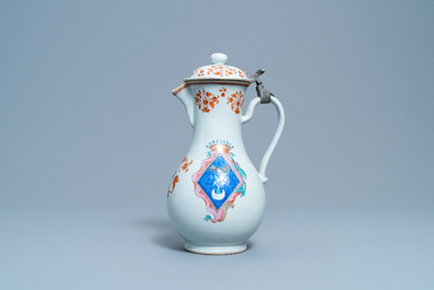 A Chinese French market famille rose ewer and cover with the arms of de Faverolles, Qianlong
