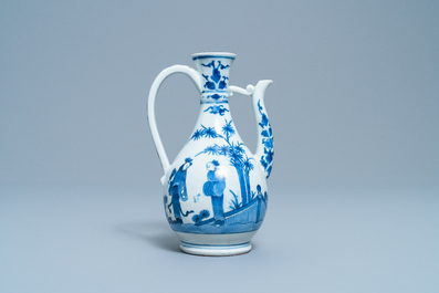 A Japanese blue and white Arita ewer, two dishes and an oval tray, Edo, 17/18th C.