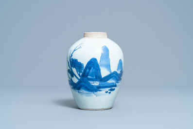 A Chinese blue and white 'landscape' jar, Transitional period