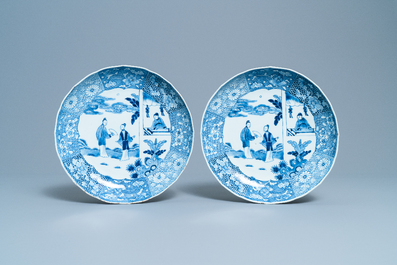 A pair of Chinese blue and white 'Romance of the Western Chamber' dishes, Qianlong