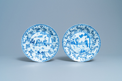 Four Chinese blue and white dishes with ladies in a landscape, Kangxi/Yongzheng