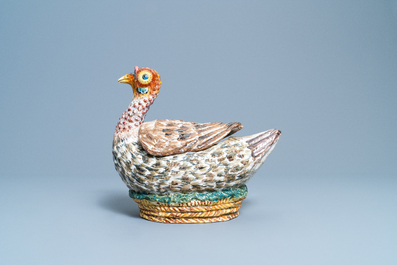 A polychrome French faience 'duck' tureen and cover, France, 18th C.