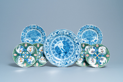 Six Dutch Delft polychrome and blue and white plates and a dish, 18th C.