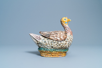 A polychrome French faience 'duck' tureen and cover, France, 18th C.