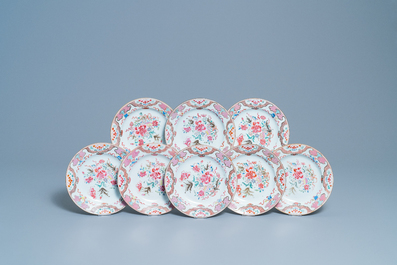 Eight Chinese famille rose plates with floral design, Qianlong