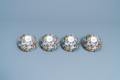 Four Chinese famille rose 'millefleurs' bowls, Jiangxi Porcelain company mark, Republic