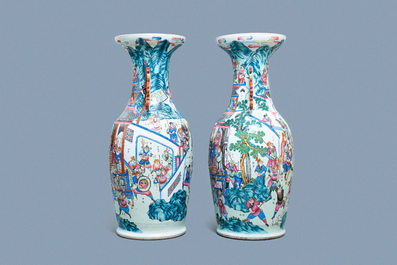 A pair of large Chinese famille rose 'Wu Shuang Pu' vases, 19th C.