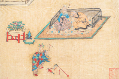 Chinese school, ink and colour on silk, 18/19th C.: 'A jester in front of an elderly couple in a daybed'