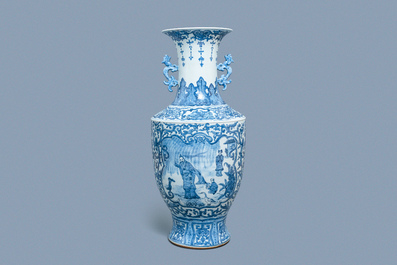 A large Chinese blue and white vase with figurative medallions, 20th C.