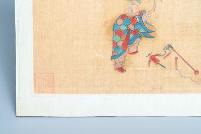 Chinese school, ink and colour on silk, 18/19th C.: 'A jester in front of an elderly couple in a daybed'