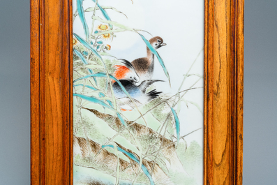 Een grote Chinese rechthoekige plaquette met eenden bij het riet, zegelmerk, Republiek