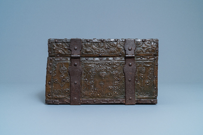 A brass and iron-mounted wooden casket, Germany, 17/18th C.