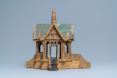 A parcel-gilt carved wood miniature temple, Thailand, 19/20th C.