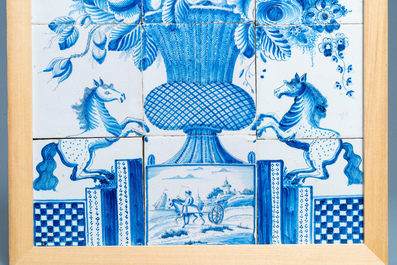 A blue and white tile mural with a flower vase, Makkum, Friesland, 18/19th C.