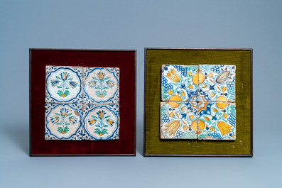Sixteen polychrome Dutch Delft tiles with flowers and ornaments, 17th C.