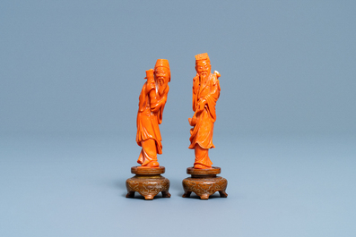 Deux figures d'immortels en corail rouge, Chine, 19/20&egrave;me