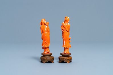 Two Chinese carved red coral figures of immortals, 19/20th C.