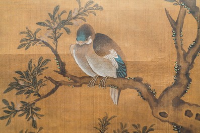 Shen Quan (1682-1762), ink and colour on silk, 18th C.: 'Two  scenes with birds'