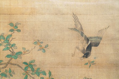 Chinese school, ink and colour on silk, 18/19th C.: 'Birds and their preys'