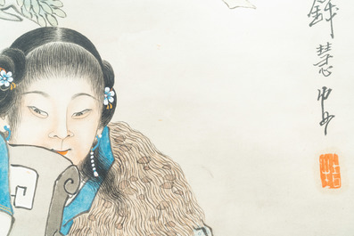 Qian Huian (1833-1911), encre et couleurs sur papier, 19&egrave;me: 'Fugui shoukao, d'apr&egrave;s Wen Anguo'