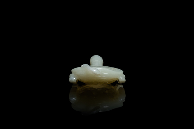 A Chinese pale celadon jade 'tortoise' brush washer on wooden stand, 18/19th C.