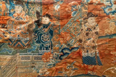 Three Chinese embroidered silk panels depicting an imperial audience, 19th C.