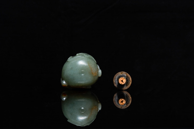 A Chinese gourd-shaped celadon and russet jade snuff bottle, Qing