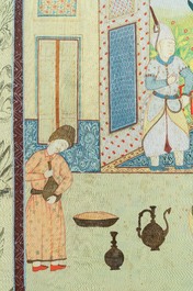 Safavid school, Iran, 20e eeuw, olie en inkt op doek: 'Zicht op een ceremonie aan het hof'