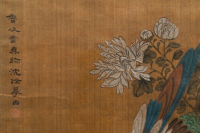 Shen Quan (1682-1762) encre et couleurs sur soie, 18&egrave;me: 'Deux sc&egrave;nes aux oiseaux'