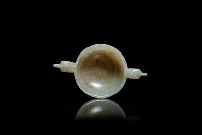 A Chinese celadon jade two-handled libation cup, Ming