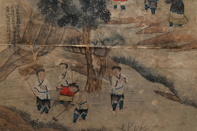 Ecole chinoise, encre et couleurs sur papier, 19&egrave;me: 'La fabrication du papier'