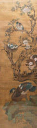 Shen Quan (1682-1762) encre et couleurs sur soie, 18&egrave;me: 'Deux sc&egrave;nes aux oiseaux'