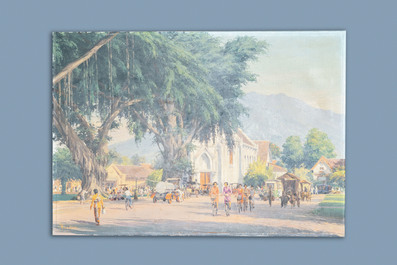 Willem Jan Pieter van der Does (1889-1966), olie op doek: 'Straatzicht in Bali'