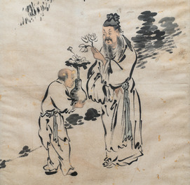 Yaotang (China, 19/20e eeuw), inkt en kleur op papier, gedat. 1903: 'De lotus van Zhou Lianxi naar Wu Daozi'