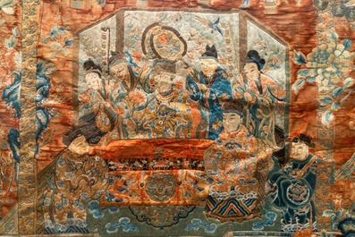 Three Chinese embroidered silk panels depicting an imperial audience, 19th C.