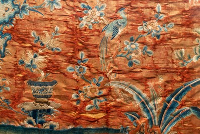 Three Chinese embroidered silk panels depicting an imperial audience, 19th C.