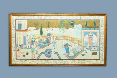 Safavid school, Iran, 19/20th C., oil and ink on canvas: 'A ceremonial court view'
